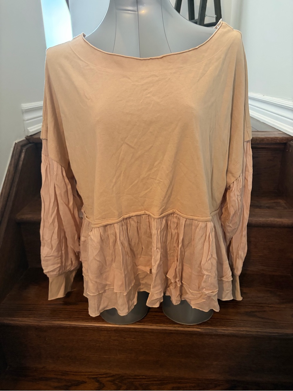 Womens Light Brown Ruffle Hem Long Sleeve Top